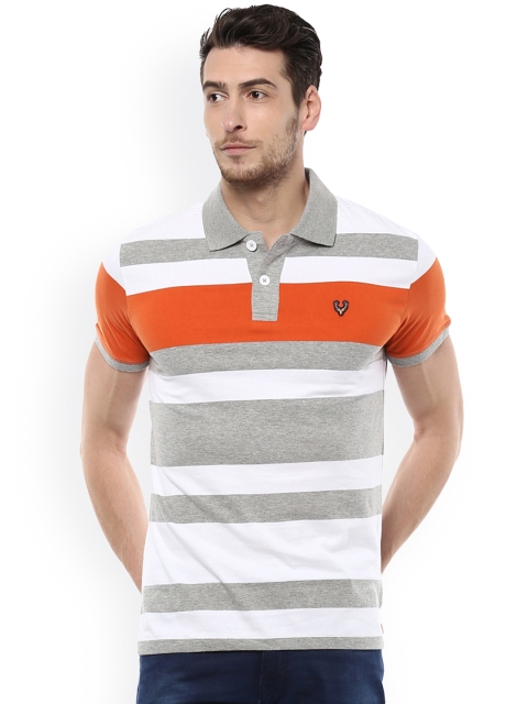 

Solly Jeans Co. Men Grey & Orange Striped Polo Collar T-shirt