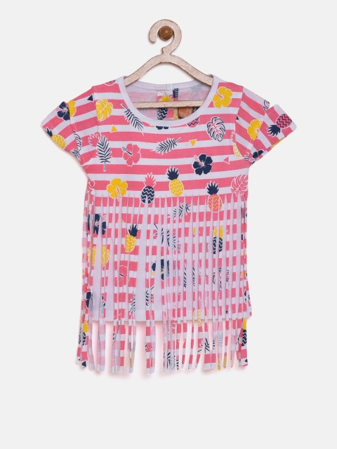 

Little Kangaroos Girls Pink & White Printed Top with Fringes