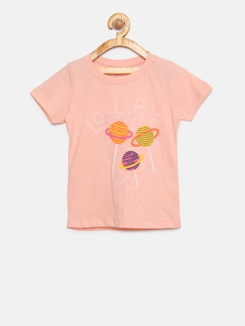 

Cherokee Girls Peach-Coloured Printed Round Neck T-shirt