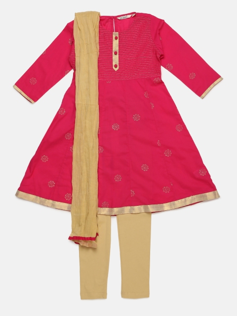 

Karigari Girls Pink & Beige Solid Kurta with Churidar & Dupatta