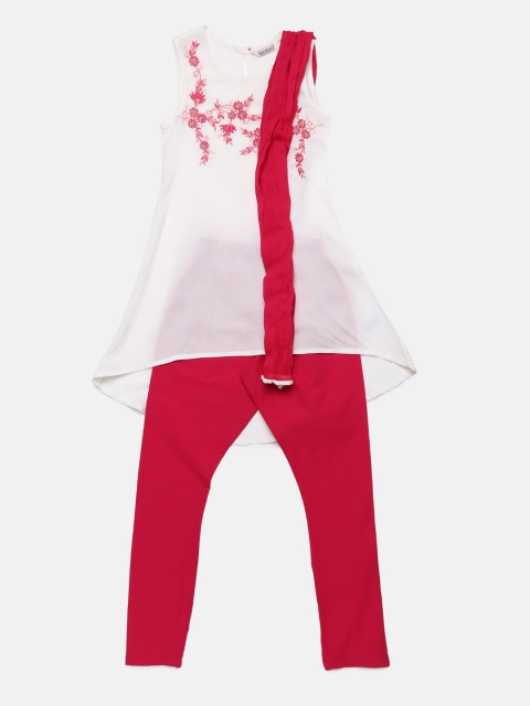 

Karigari Girls Red & White Embroidered Kurta with Churidar & Dupatta