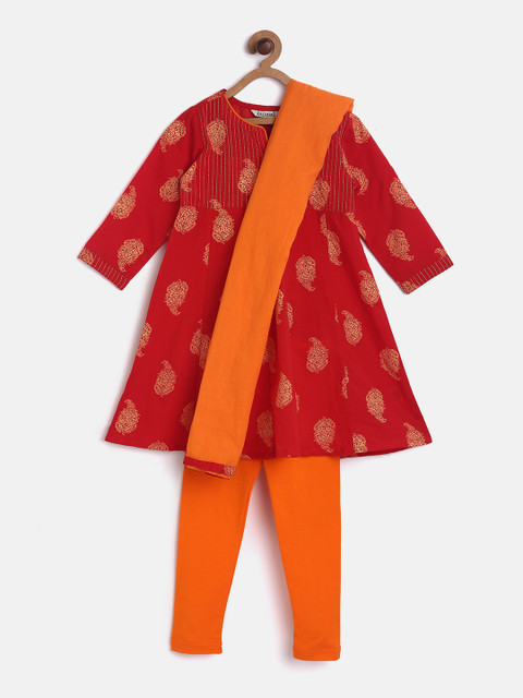 

Karigari Girls Orange Printed Kurti with Pyjamas & Dupatta