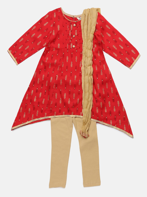 

Karigari Girls Red & Cream-Coloured Printed Kurta with Churidar & Dupatta