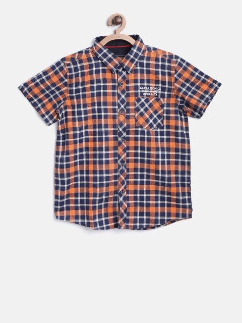 

Cherokee Boys Navy Blue & Orange Regular Fit Checked Casual Shirt
