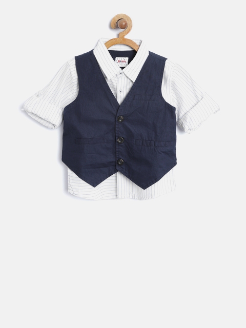 

Donuts Boys White & Blue Regular Fit Striped Casual Shirt with Waistcoat