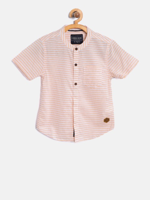 

Cherokee Boys Peach-Coloured & Off-White Regular Fit Striped Semi-Sheer Casual Shirt