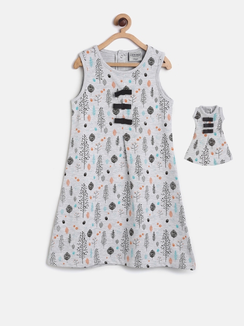 

Cherokee Girls Grey Melange Printed A-Line Dress with Matching Doll Dress