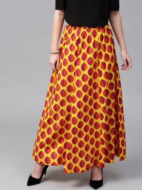 

SASSAFRAS Yellow & Pink Printed Maxi Flared Pure Cotton Skirt