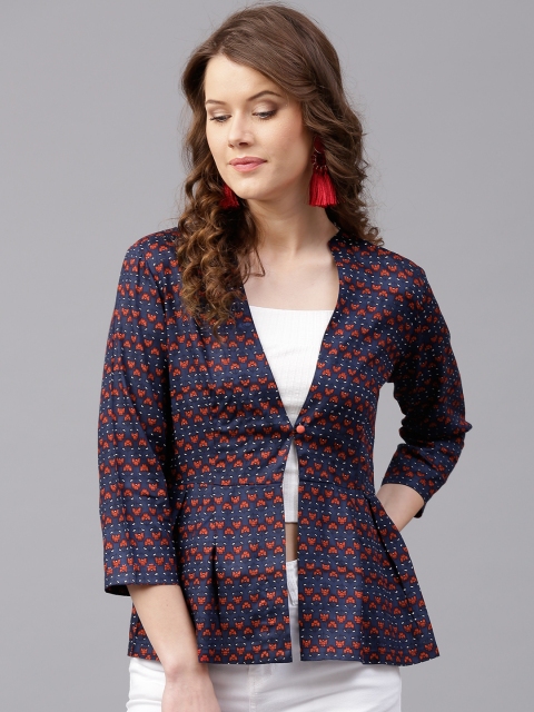 

SASSAFRAS Women Navy & Red Printed Ethnic Tailored Jacket, Navy blue