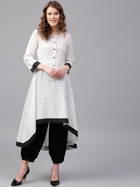 

SASSAFRAS Women White & Black Printed A-Line High-Low Kurta
