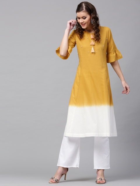 

SASSAFRAS Women Mustard Yellow & White Dyed A-Line Kurta