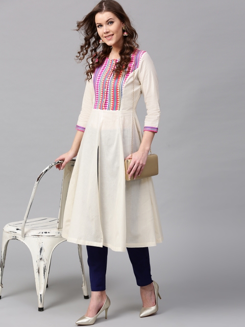 

SASSAFRAS Women Cream-Coloured Yoke Design Jacquard A-Line Kurta