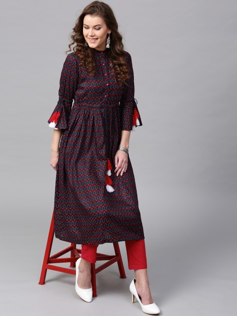 

SASSAFRAS Women Navy Blue & Maroon Printed A-Line Kurta