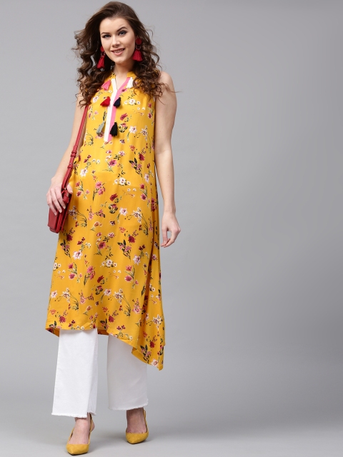 

SASSAFRAS Women Mustard & Pink Printed A-Line Kurta