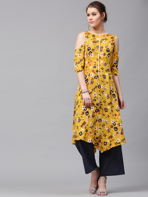 

SASSAFRAS Women Mustard Yellow & Off-White Floral Print A-Line Kurta