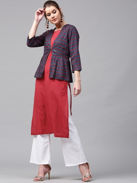

SASSAFRAS Women Red Solid Straight Kurta with Printed Ethnic Jacket