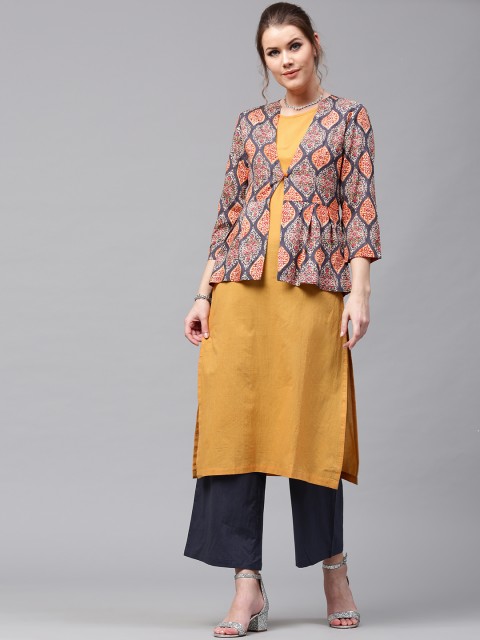 

SASSAFRAS Women Mustard Yellow Solid Straight Kurta with Printed Ethnic Jacket