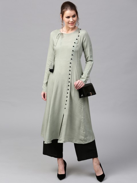 

SASSAFRAS Women Light Olive Green Solid A-Line Kurta