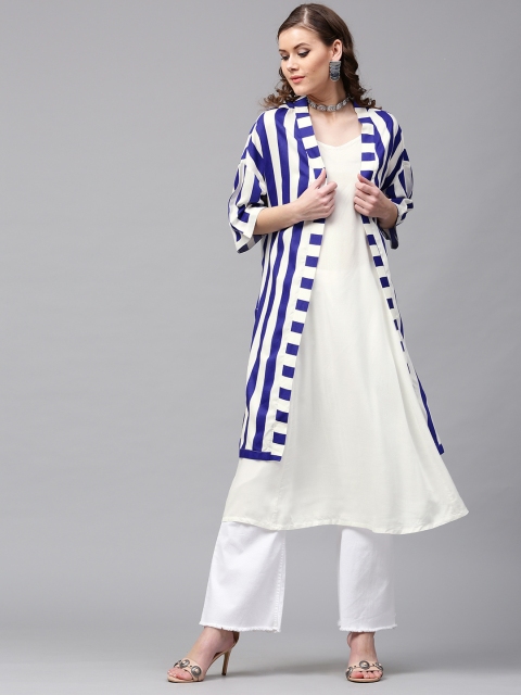 

SASSAFRAS Women White & Blue Striped Layered A-Line Kurta