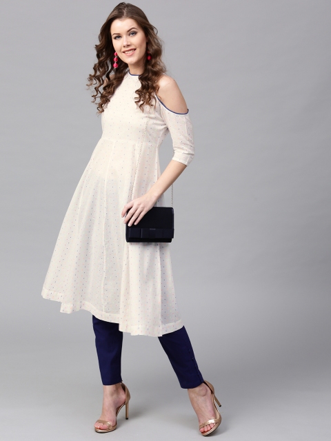 

SASSAFRAS Women White Woven Design A-Line Kurta