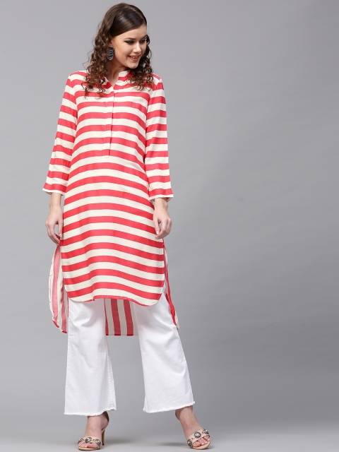 

SASSAFRAS Women White & Red Striped Straight Kurta