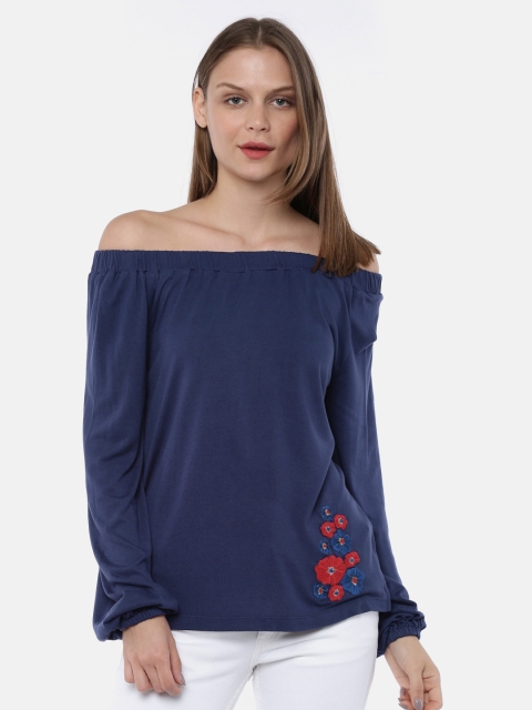 

SCULLERS Women Navy Blue Solid Bardot Top