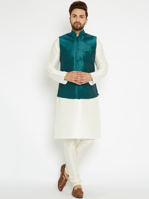 

SOJANYA Men Cream-Coloured & Green Solid Kurta with Pyjamas & Nehru Jacket