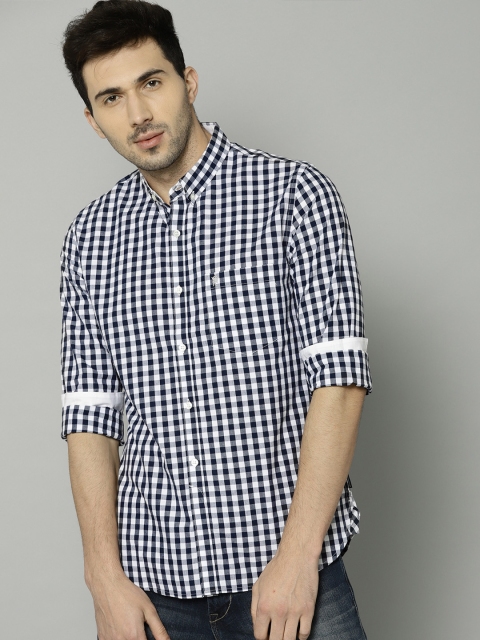 

French Connection Men White & Navy Blue Slim Fit Checked Casual Shirt