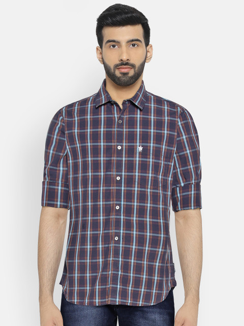 

French Connection Men Navy Blue & Brown Slim Fit Checked Casual Shirt