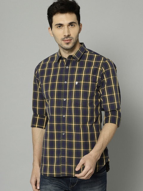 

French Connection Men Navy Blue & Green Slim Fit Checked Casual Shirt