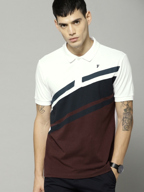 

French Connection Men White& Brown Colourblocked Polo Collar T-shirt