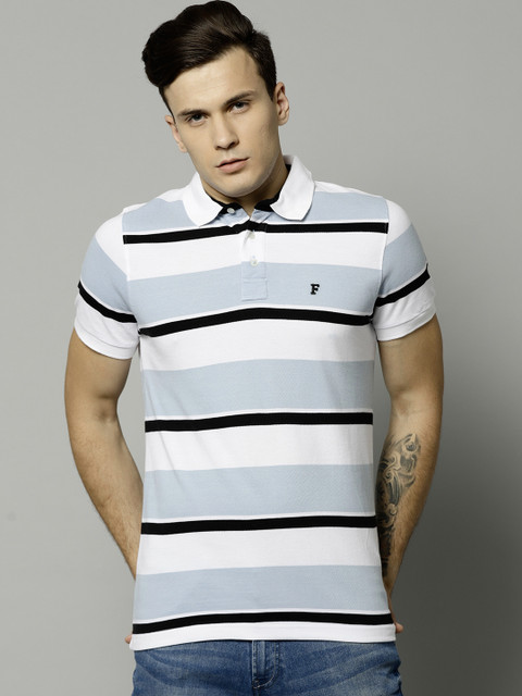 

French Connection Men Blue Striped Polo Collar T-shirt