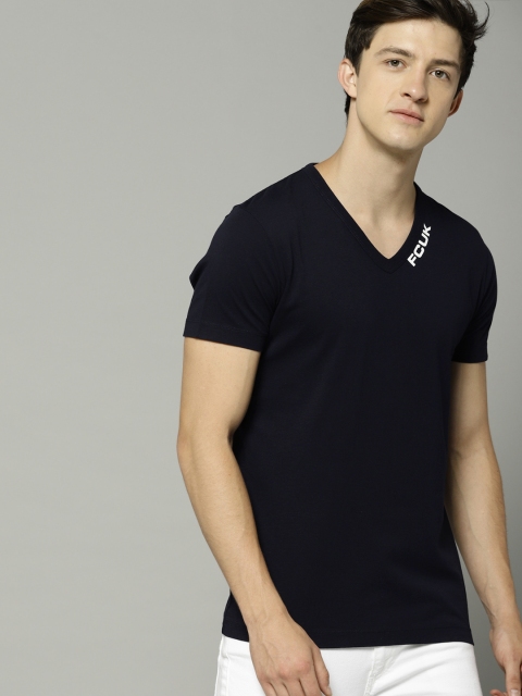 

French Connection Men Navy Solid V-Neck T-shirt, Navy blue