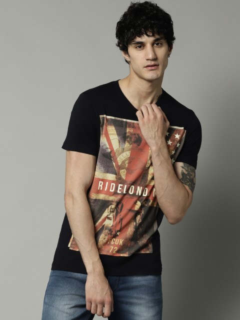 

French Connection Men Navy Blue Printed Round Neck T-shirt
