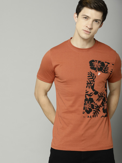 

French Connection Men Rust Brown Printed Round Neck T-shirt