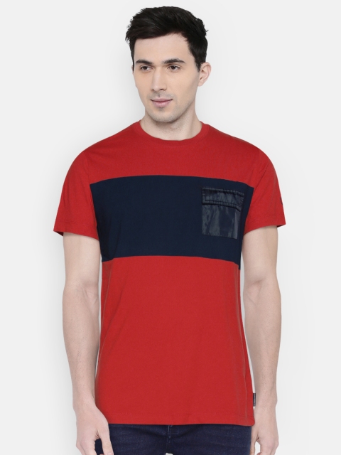 

French Connection Men Red & Navy Blue Colourblocked Round Neck T-shirt