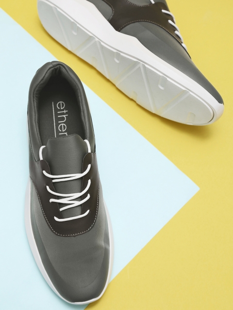 

ether Men Grey Solid Synthetic Mid-Top Sneakers