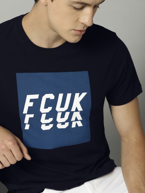

French Connection Men Navy Blue Printed Round Neck T-shirt