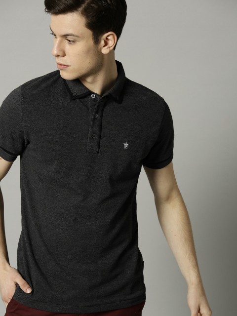 

French Connection Men Charcoal Grey Solid Polo Collar Pure Cotton T-shirt