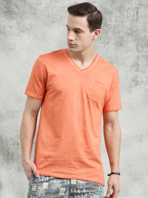 

Breakbounce Men Orange Solid V-Neck Pure Cotton T-shirt