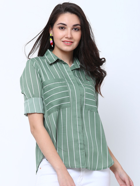 

Tokyo Talkies Women Green Regular Fit Striped Casual Shirt