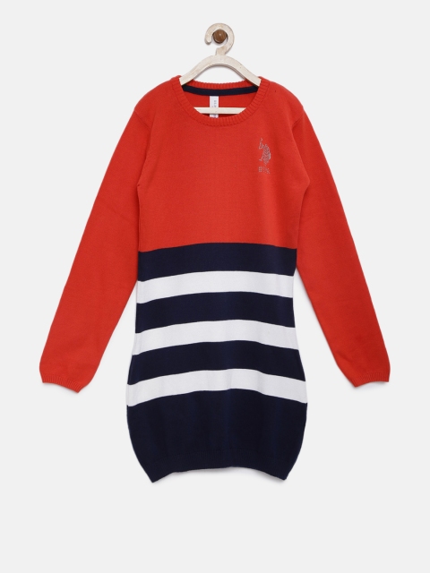 

U.S. Polo Assn. Kids Girls Red & Navy Blue Striped Sweater Dress