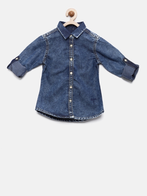 

U.S. Polo Assn. Kids Girls Blue Regular Fit Solid Denim Casual Shirt