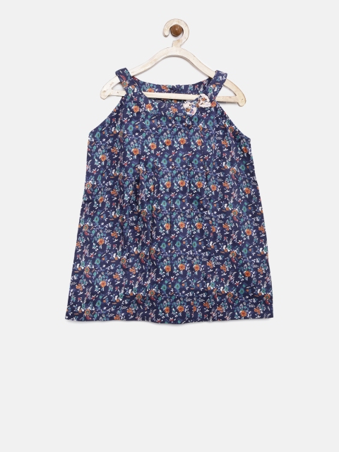 

U.S. Polo Assn. Kids Girls Navy Blue Printed A-Line Pure Cotton Top