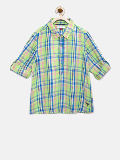 

U.S. Polo Assn. Kids Girls Lime Green & Blue Regular Fit Checked Casual Shirt