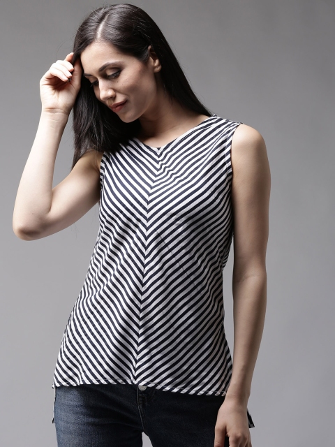 

Moda Rapido Women Navy Blue & White Striped V-Neck Top