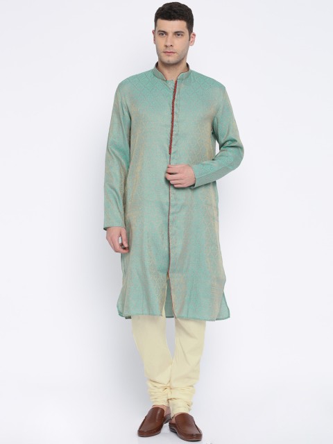 

Manish Creations Men Sea Green & Cream Self Design Art Silk Kurta Pyjama Set