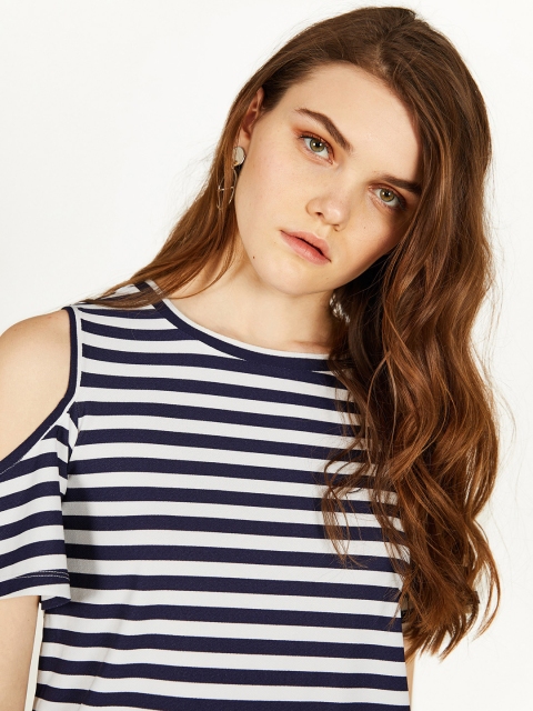 

OVS Women Navy Blue & White Cold Shoulder Striped Top