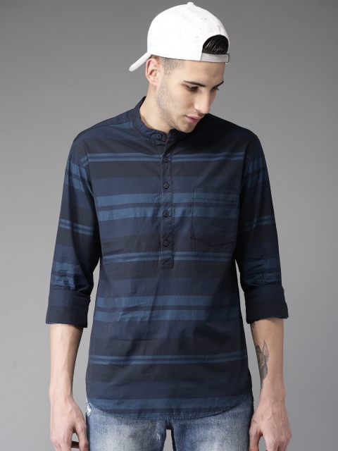 

Moda Rapido Men Navy Regular Fit Striped Casual Shirt, Navy blue