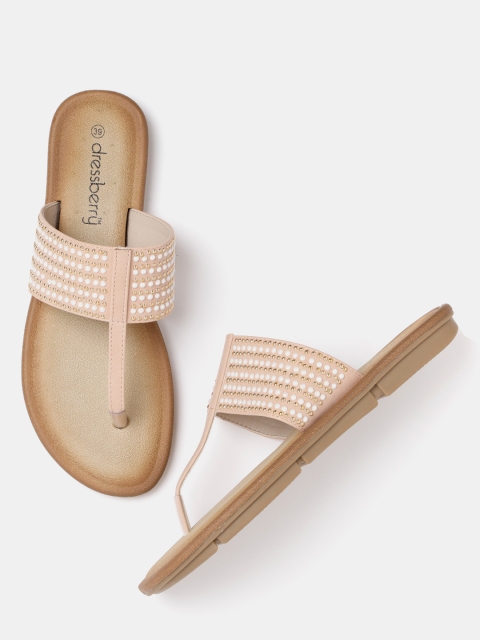 

DressBerry Women Peach-Coloured & Off-White Embellished T-Strap Flats